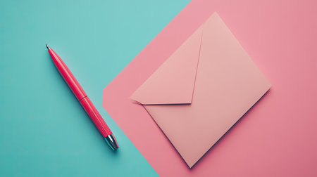 A visually appealing flat lay featuring a pink envelope alongside a vibrant red pen against a striking teal and pink background, perfect for creative projects and stylish designs.の素材