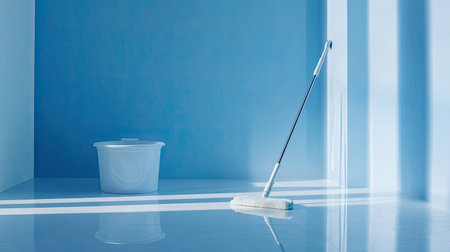 A serene cleaning scene featuring a mop and bucket in a minimalist blue space, evoking calmness and efficiency in maintaining a clean environment.の素材