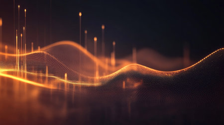 This abstract image features dynamic waves of light and energy, showcasing glowing particles that create a mesmerizing visual flow, perfect for digital designs and technology themes.の素材