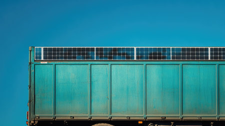 A solar-powered truck stands against a vivid blue sky, representing cutting-edge technology and a commitment to renewable energy in modern transportation methods.の素材