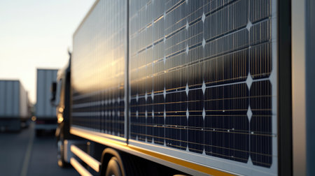 A close-up image of a truck trailer featuring solar panels, highlighting the integration of renewable energy into logistics and transportation for a greener future.の素材