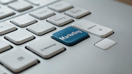 This image features a close-up view of a modern keyboard with a distinct marketing key, symbolizing the significance of digital marketing in contemporary business practices.の素材