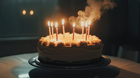 A beautifully decorated birthday cake with lit candles emitting smoke, creating a cozy and celebratory mood perfect for any special occasion or gathering.の素材