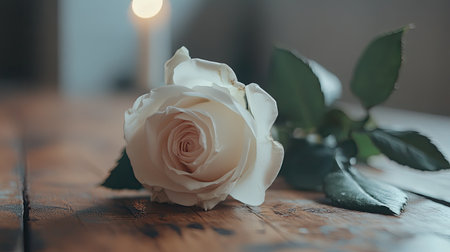 A beautiful white rose lies gracefully on a rustic wooden surface, with soft candlelight in the background, evoking a serene and romantic ambiance perfect for design projects.の素材