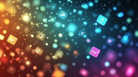 This vibrant abstract background features glowing icons and a beautiful bokeh effect, perfect for technology, digital designs, and creative projects.の素材
