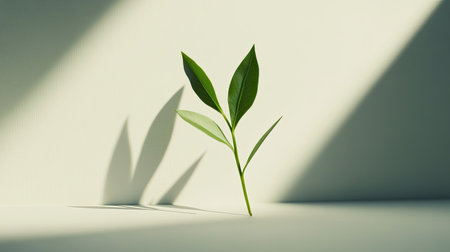 A fresh green plant stands gracefully against a soft, minimalist backdrop, creating an atmosphere of tranquility with delicate shadows and the essence of nature's beauty.の素材