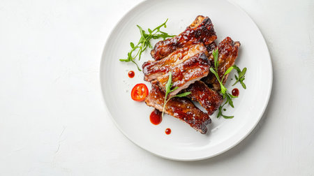 A mouthwatering display of glazed barbecue pork ribs garnished with fresh herbs and cherry tomatoes, perfect for food lovers and culinary enthusiasts seeking inspiration.の素材