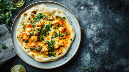 Delicious naan bread topped with tender spicy chicken and fresh herbs, beautifully presented on a rustic table, perfect for culinary inspiration and appetizing meals.の素材
