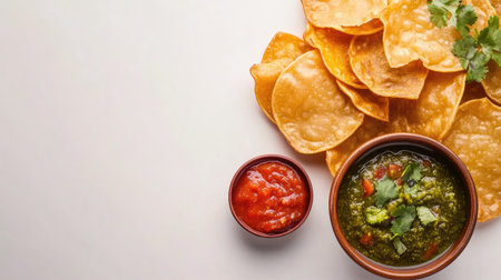 A delicious arrangement featuring crispy fried chips served with fresh green chutney and spicy red salsa, ideal for parties and casual gatherings.の素材