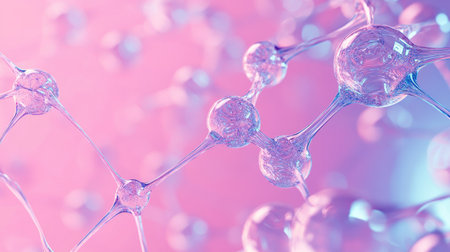 This captivating image showcases a molecular structure with transparent spheres and delicate bonds against a soft pink backdrop, symbolizing the beauty of scientific exploration.の素材