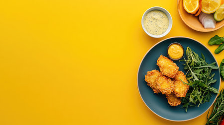 Delight in a vibrant presentation of crispy fried snacks on a lively yellow background, accompanied by fresh greens and rich dipping sauces for a perfect culinary treat.の素材