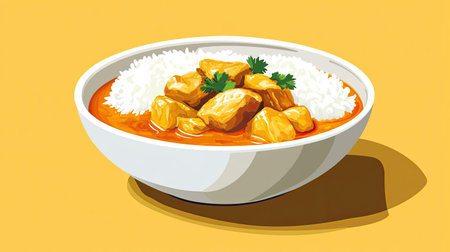 A tempting bowl of chicken curry accompanied by steamed white rice, garnished with fresh herbs, perfect for showcasing culinary creativity and vibrant flavors.の素材