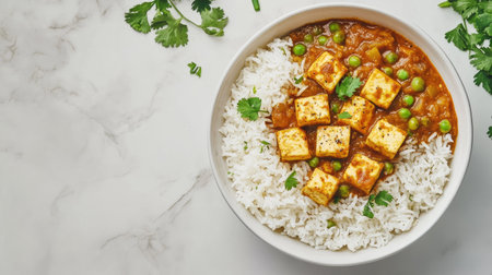 A vibrant bowl featuring paneer tikka masala atop fluffy steamed basmati rice, garnished with fresh peas and cilantro on an elegant white marble background.の素材