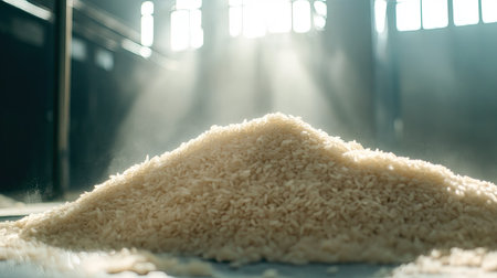 A close-up view of a pile of raw rice grain illuminated by natural light, creating an atmosphere of freshness and simplicity ideal for culinary and agricultural themes.の素材