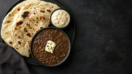 A visually appealing plate of traditional Indian cuisine featuring soft flatbread, rich lentil masala with butter, and a side of spicy yogurt dip, perfect for food lovers.の素材