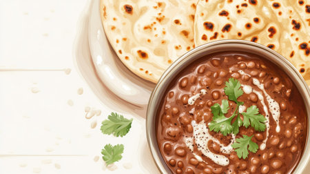 A vibrant, appetizing lentil curry presented in a bowl with creamy texture and garnished with coriander, accompanied by warm, fresh flatbread for a delightful meal experience.の素材