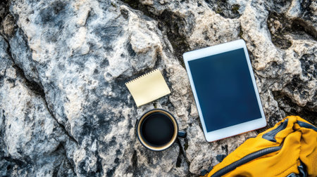 A serene outdoor workspace featuring a tablet, coffee mug, and notepad on a stone surface, perfect for inspiring creativity and productivity in nature.の素材