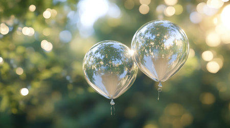 Two transparent balloons softly float in a vibrant green outdoor setting, capturing sunlight and creating a whimsical, joyful atmosphere perfect for celebrations or events.の素材
