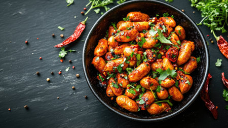A vibrant bowl of spicy potato pastry bites garnished with fresh herbs and red chilies, perfect for capturing the essence of culinary delights in food photography.の素材