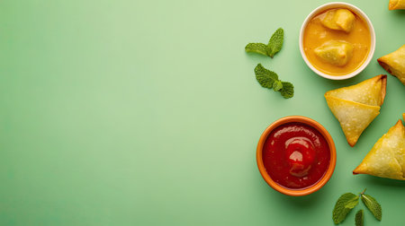This enticing image showcases a vibrant arrangement of samosas served with tangy sauces and fresh mint leaves, ideal for food-related projects and culinary presentations.の素材