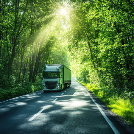 A scenic view of a truck navigating a quiet forest road, surrounded by vibrant green trees and soft sunlight filtering through the leaves, creating a tranquil atmosphere.の素材