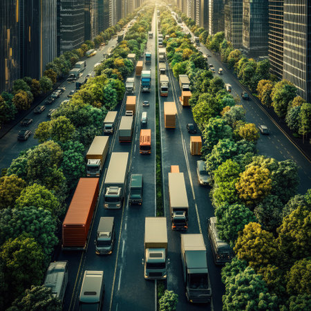 A sweeping aerial view showcases a bustling city highway lined with vibrant trees and towering skyscrapers, highlighting the dynamic blend of urban life and nature.の素材