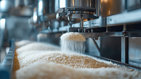A detailed view of rice processing in a modern factory showcases machines pouring grains into batches, highlighting the efficient production and clean industrial processes involved.の素材