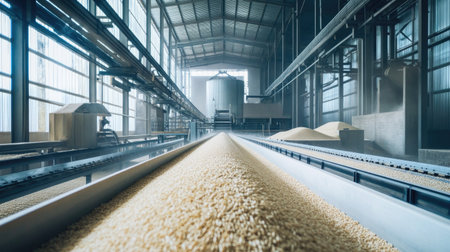 View of a grain storage facility featuring a conveyor system transporting grains towards large silos, highlighting modern agricultural practices and industrial design elements.の素材