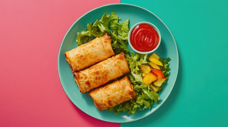 Enjoy a vibrant presentation of crispy spring rolls on a fresh salad bed, accompanied by tangy ketchup, perfect for tempting food enthusiasts and culinary creatives.の素材