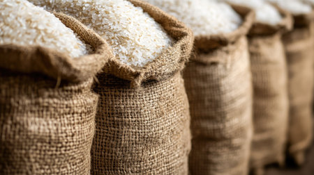 A collection of burlap sacks filled with high-quality white rice, showcasing the natural texture and fresh appearance ideal for agricultural and food-themed visual content.の素材
