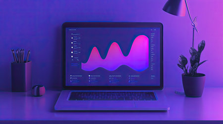 A stylish workspace featuring a laptop with vibrant data visualization, complemented by a potted plant and organized desk accessories, perfect for a modern work environment.の素材
