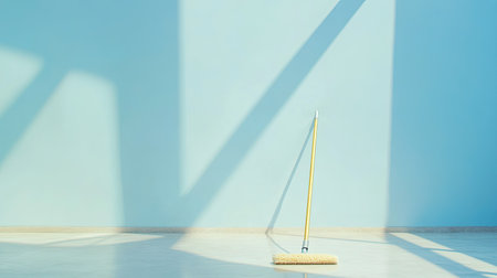A serene and stylish cleaning scene showcasing a yellow mop leaning against a light blue wall, casting long shadows, highlighting simplicity and freshness in a tidy interior setting.の素材