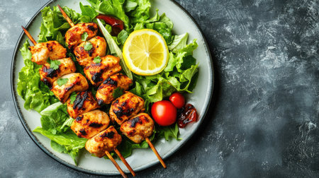 A delicious plate of grilled chicken skewers served over a fresh salad, garnished with lemon and cherry tomatoes, ideal for nutritious meals or summer gatherings.の素材