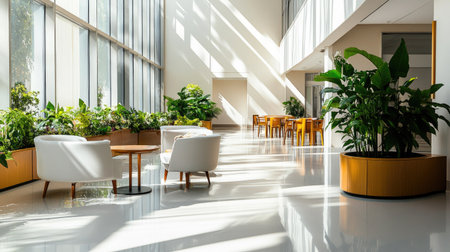 Bright and modern office interior featuring large windows, lush plants, and stylish furniture, creating a serene and productive atmosphere for professionals.の素材
