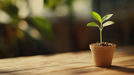 A small green seedling emerges from fertile soil in a cozy pot, beautifully illuminated by soft natural light in an indoor setting, symbolizing growth and freshness.の素材
