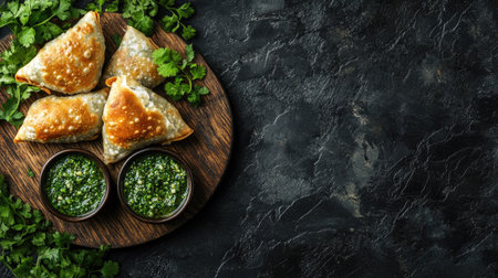 A delicious plate of crispy fried samosas garnished with fresh coriander, served with two bowls of spicy mint sauce on a dark textured background. Perfect for sharing.の素材