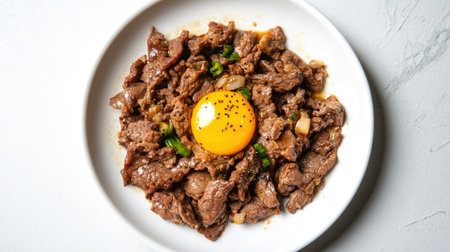 A flavorful beef dish garnished with a fresh egg yolk and green onions, showcasing a vibrant color palette ideal for culinary delights or gourmet presentations.の素材