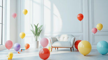 A bright and inviting living room scene featuring colorful balloons and a modern sofa, perfect for celebrating special moments and enhancing festive atmospheres in home decor.の素材