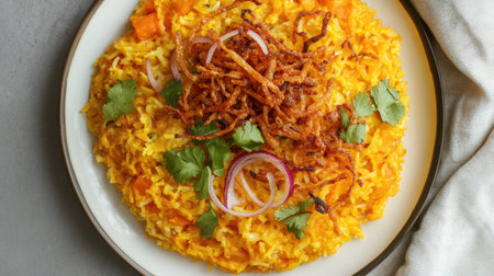 A vibrant rice dish featuring fragrant spices, topped with crispy onions and fresh herbs. Perfect for comforting meals, gatherings, or culinary inspiration for home cooking.の素材