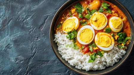 A visually appealing bowl of rice topped with a rich egg curry, garnished with fresh herbs, perfect for food lovers seeking comfort and flavor in every bite.の素材