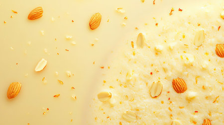 A visually appealing creamy dessert adorned with almonds and peanuts, featuring a delightful blend of spices and a smooth texture, perfect for culinary enthusiasts.の素材