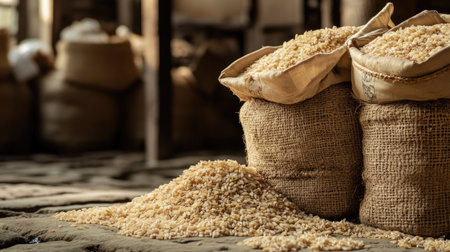 A detailed view of burlap sacks filled with raw rice grain, some spilling onto a rustic floor, accented by warm natural light in an industrial storage setting.の素材