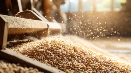 Brightly illuminated grain mill showing harvested wheat kernels being processed, with dust particles floating in the air, emphasizing agricultural productivity and natural farming practices.の素材