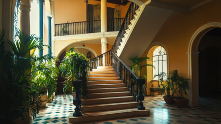 This stunning interior features a grand staircase surrounded by lush greenery, highlighting elegant architecture and warm sunlight for a serene atmosphere.の素材