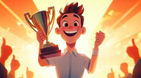 A young boy joyfully holds up a trophy, celebrating his victory against a backdrop of vibrant sunset hues, surrounded by an admiring crowd. A perfect representation of achievement and happiness.の素材