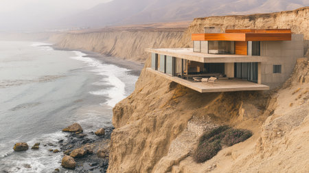 A stunning modern house perched on a cliff by the ocean, showcasing minimalist architecture. This serene retreat offers breathtaking views of the coastline and tranquil surroundings.の素材