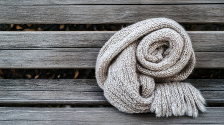 A beautiful rolled knitted scarf placed on a rustic wooden bench, capturing the essence of comfort and warmth during the cold seasons, perfect for fashion enthusiasts.の素材