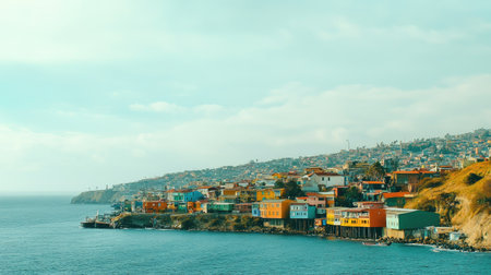 A serene view of a picturesque coastal town featuring colorful houses along the shoreline, with calm waters and gentle waves under a partly cloudy sky, ideal for travel inspiration.の素材