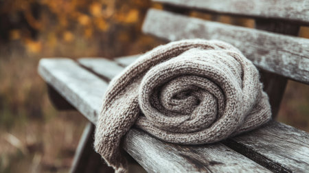 A cozy knit blanket rests on a weathered wooden bench in an autumn setting, surrounded by soft golden leaves, creating a serene and inviting atmosphere.の素材