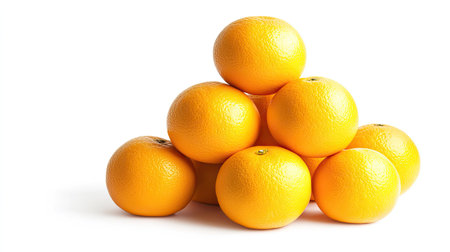 A vibrant display of fresh oranges stacked on a clean white background, showcasing their rich color and texture, ideal for health, nutrition, and culinary projects.の素材